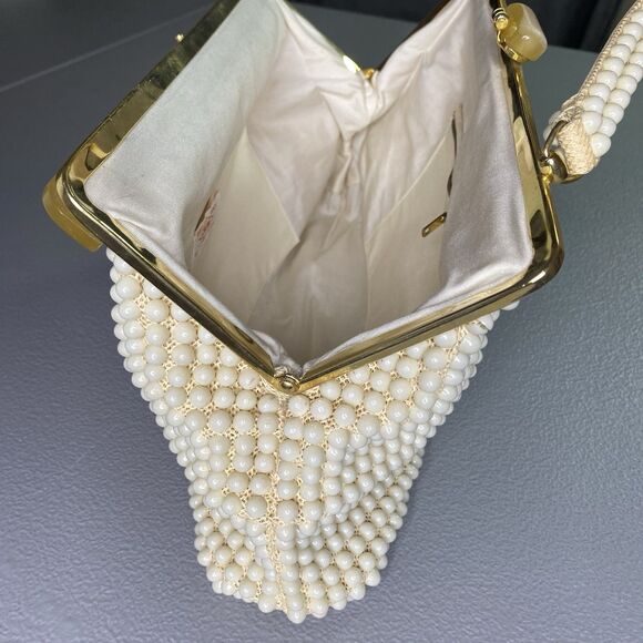 Vintage JEM Handbag Lucite Beaded Hand-Made British Hong Kong Cream Mid Century - Picture 14 of 16
